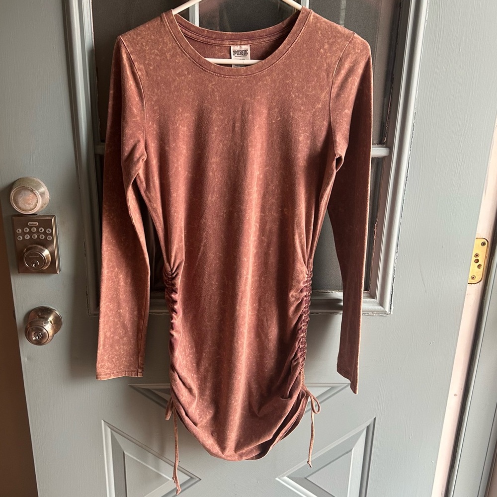 Victoria’s Secret PINK Bodycon Long Sleeve Dress Ruched Side Crew Neck Brown M